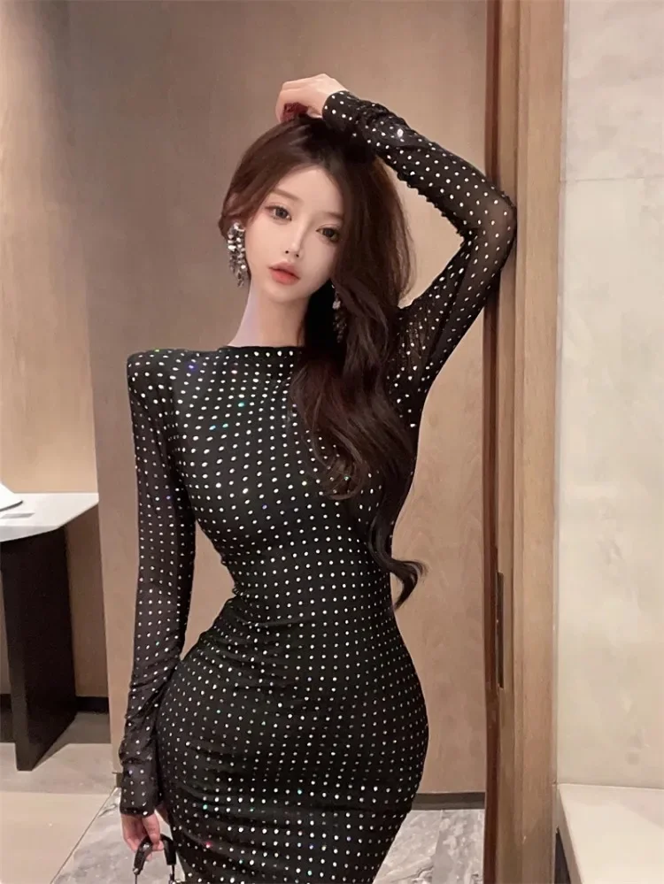 Ezgaga сексуальные платья женские бандажные блестки Тонкий с длинным рукавом