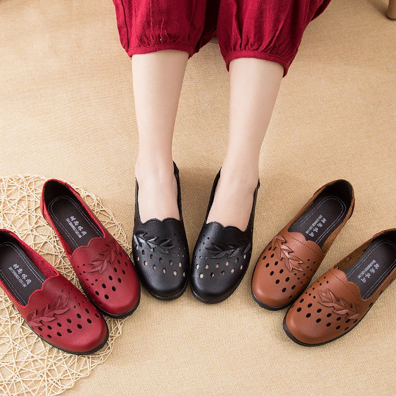 Summer Flat Shoes Casual Soft Sole Women Loafers Hollow Out Leather Flats Ladies Spring Daily Office Work Shoes Zapatos De Mujer