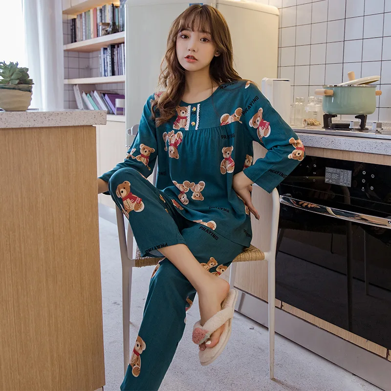 Cotton Silk Long-sleeved Printed Pajamas Women's Home Service Summer Long-sleeved Cotton Suit Sleepwear Women