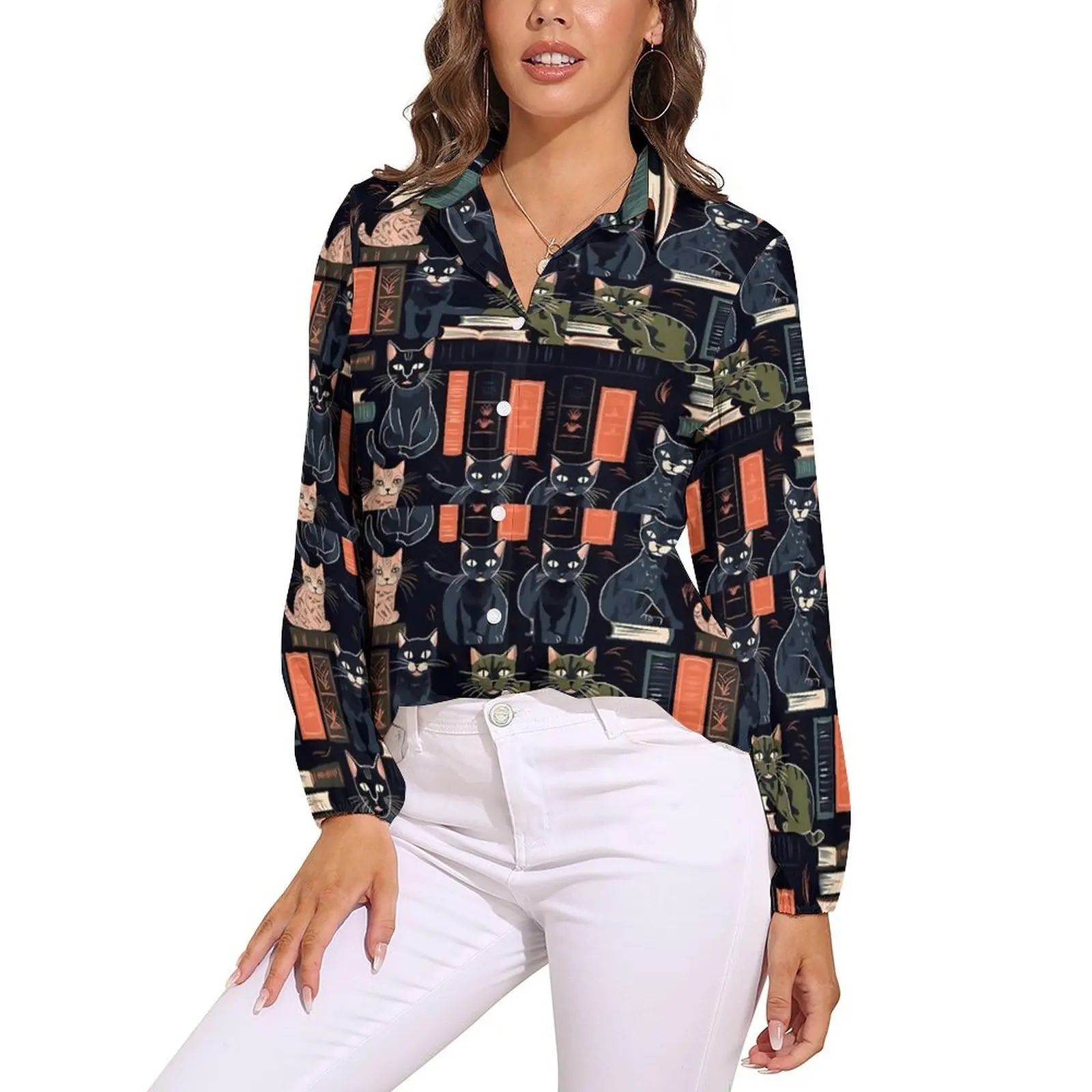 

Женская блузка с длинным рукавом, с рисунком кошек