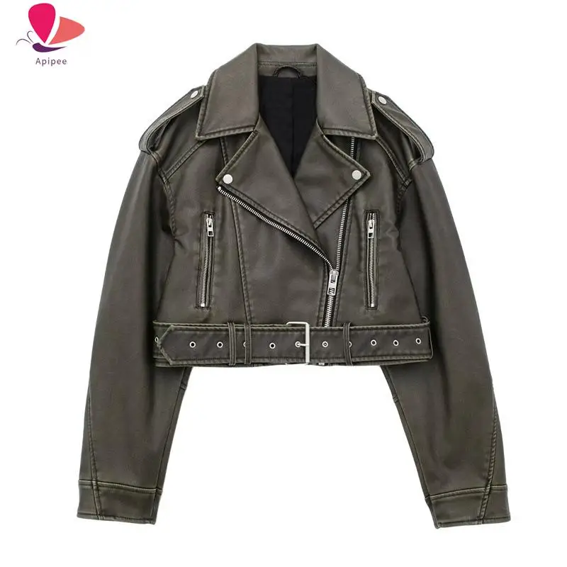 

APIPEE Women Vintage Loose Washed Faux Leather Short Jacket Streetwear Female Zipper Belt Moto Biker Retro Coat Outwear Tops