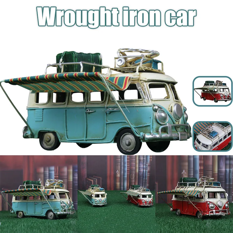 

New Metal Car Model Vintage RV Camper Van Toy Simulation Limousine Beach Bus Home Decor for Desktop Shelf Figurines Miniatures