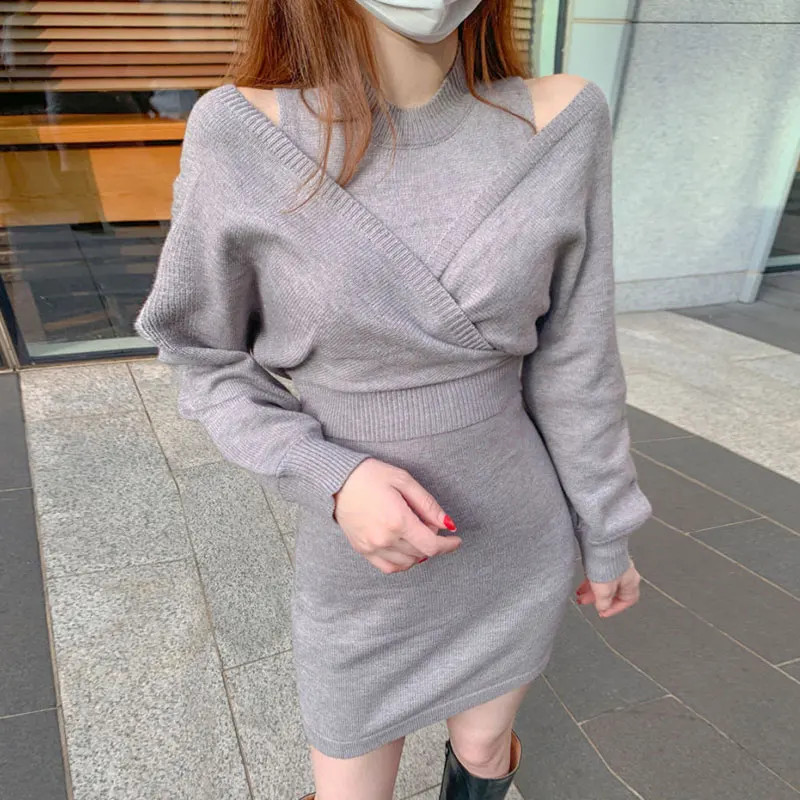 

Two Piece Sets Womens Outifits Autumn Long Sleeve Criss-cross V-Neck Knitted Crop Coats+Elegant Sleeveless Dresses Femme Suits
