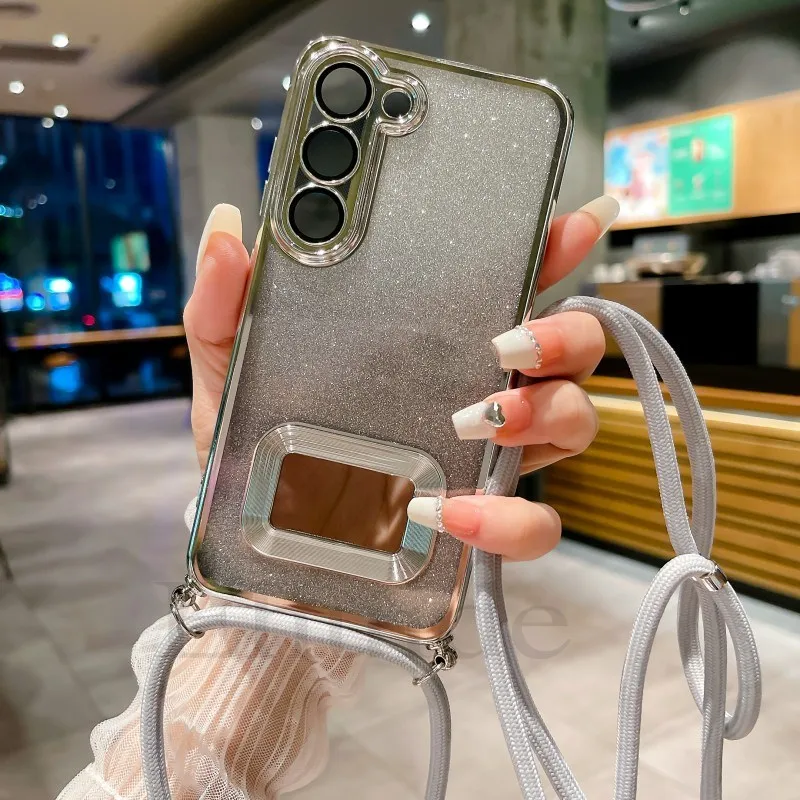 

Glitter Gradient Strap Case For Samsung Galaxy S23 Plus S22 Ultra S20 S21 FE Note 20 A23 A53 A33 Crossbody Lanyard Plating Cover