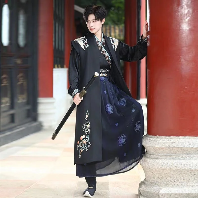Черное темно-осенне-зимнее мужское платье ханьфу с вышивкой традиционный