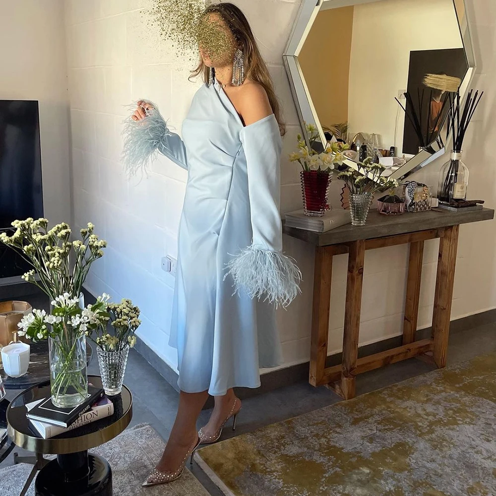

Exquisite Sky Blue One Shoulder A-Line Feather Satin Formal Prom Dresses Ankle-Length Women Evening Party Dress