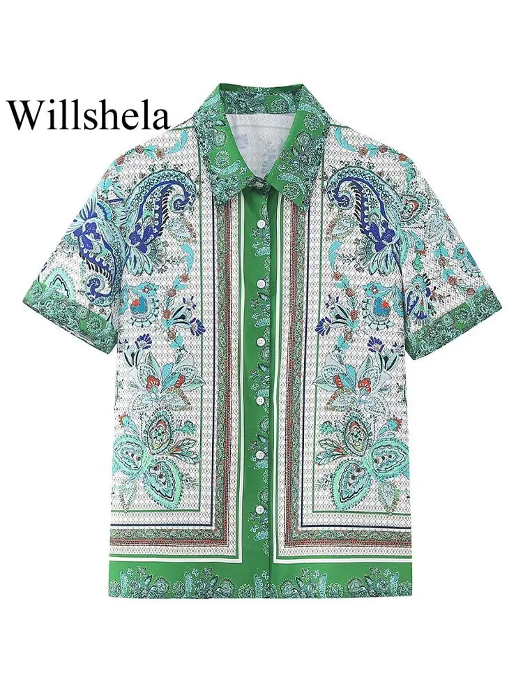 

Женская модная однобортная блузка Willshela с принтом, винтажные женские шикарные рубашки с воротником с лацканами и короткими рукавами