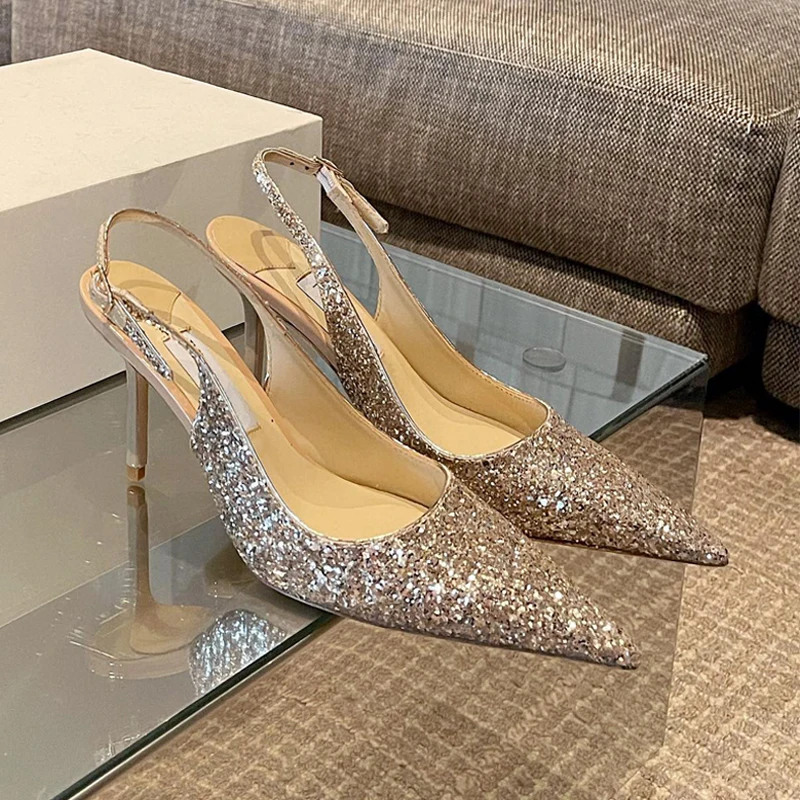 Women's High Heel Sandals 2023 Spring/Summer New Fashion Banquet Sequins Pointed Thin Heel Shallow Mouth Single Shoe