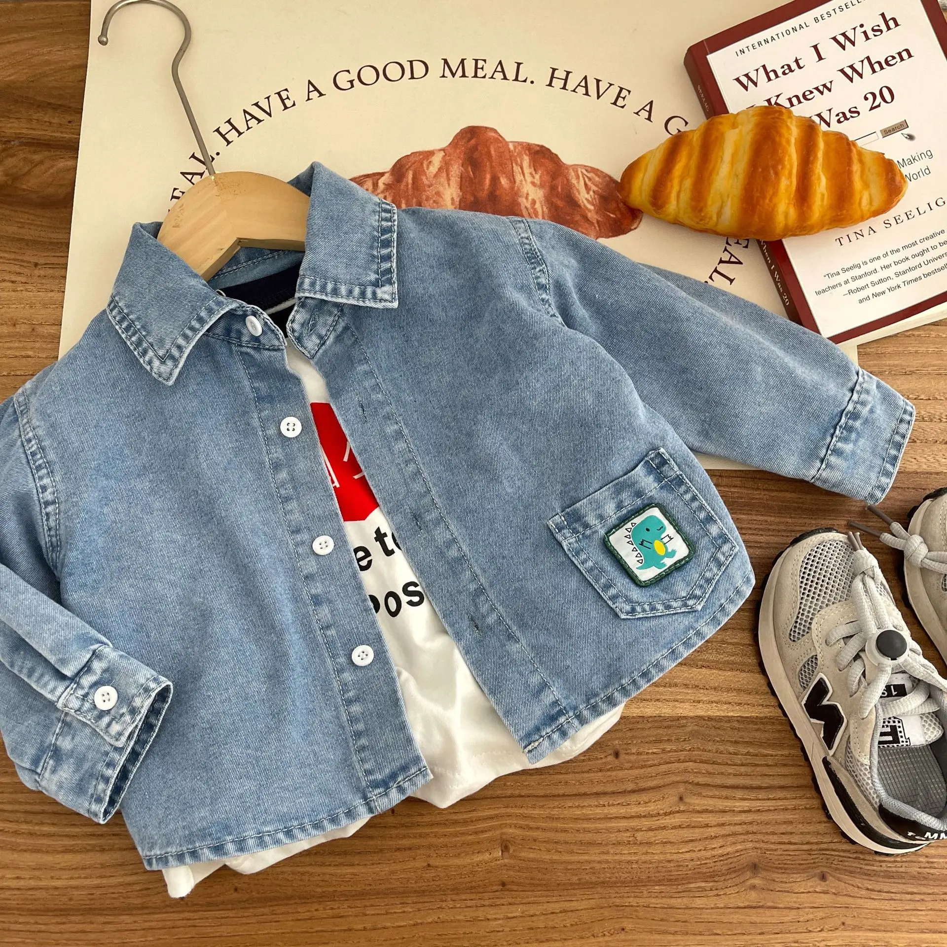 

2023 Autumn Kids Baby Boys Full Sleeve Patch Denim Single-breasted Top Outdoor Clothing Children Fashion Shirts Toddler 0-6Y