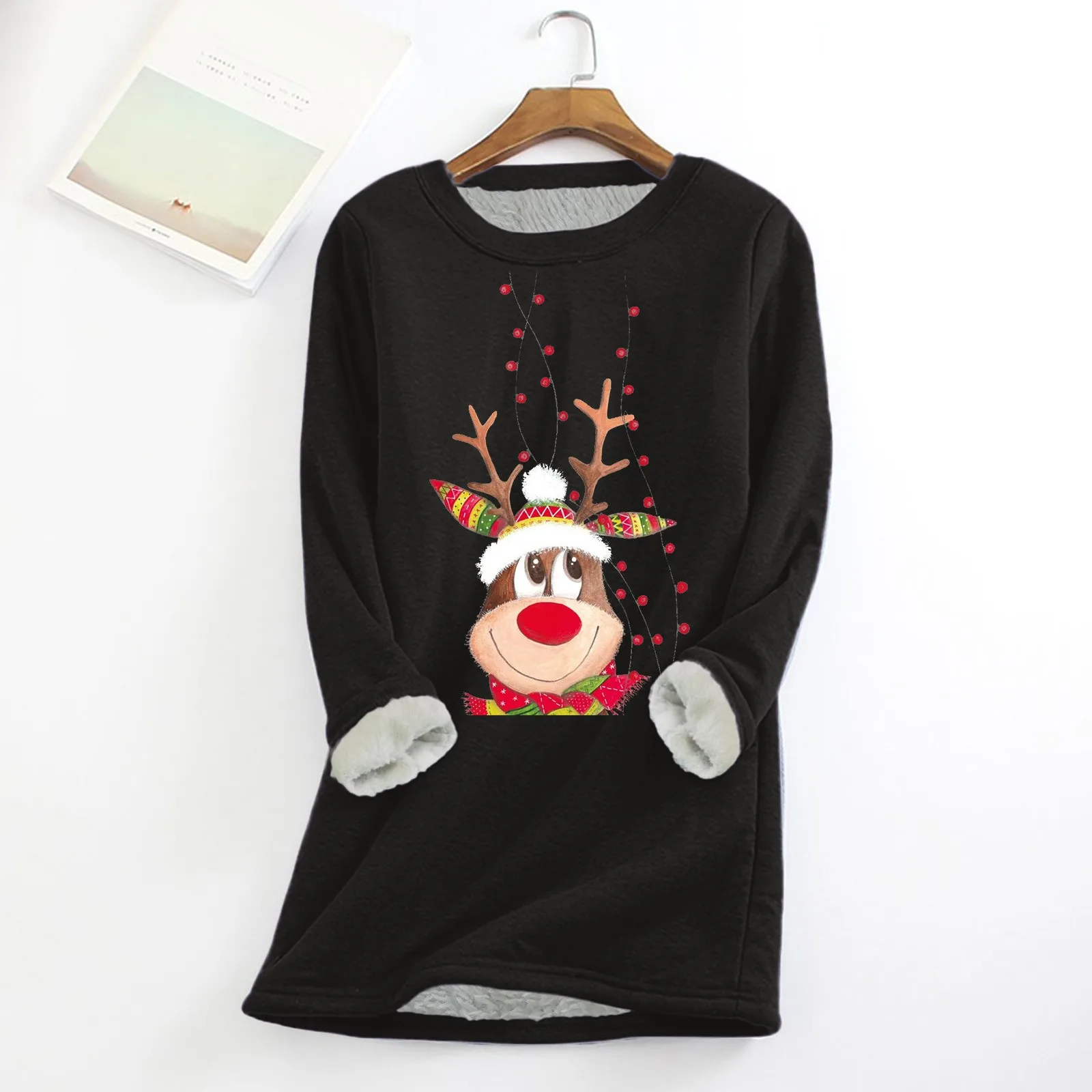 

Women Casual Print Shirt Thick Fleece Sweatshirt Winter Round Neck Warm Soft Fashion Lightweight T Shirt Lightweight Top