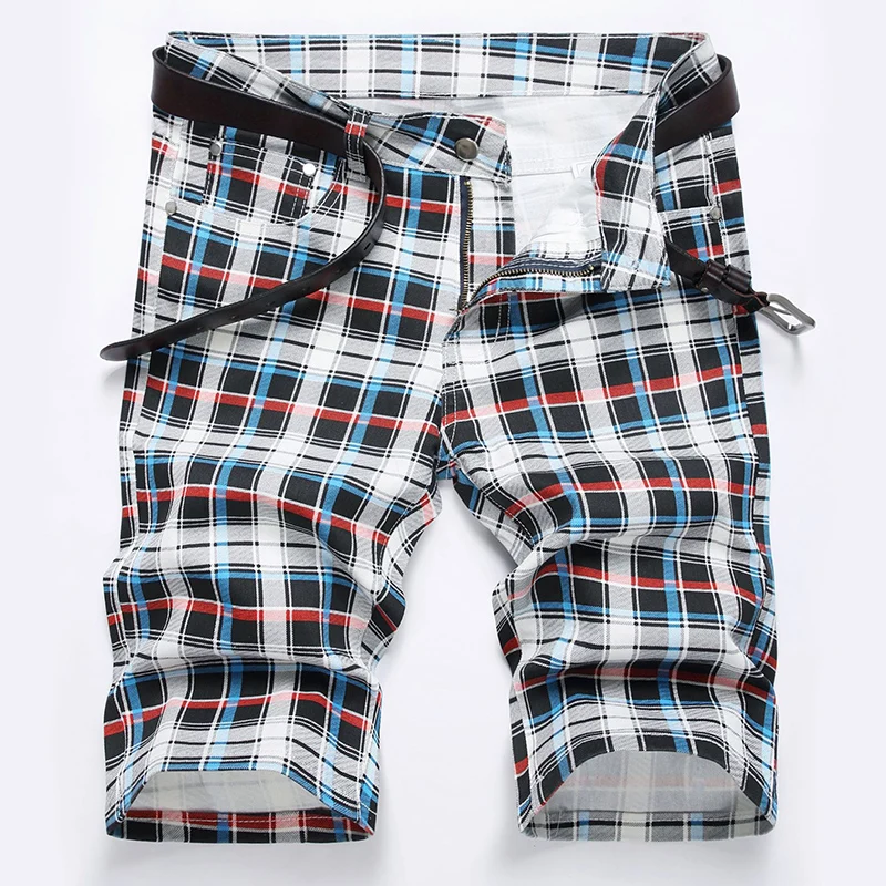 

Men Denim Shorts Plaid Printing Shorts Casual Loose Straight Stretch Shorts Five-Point Pants
