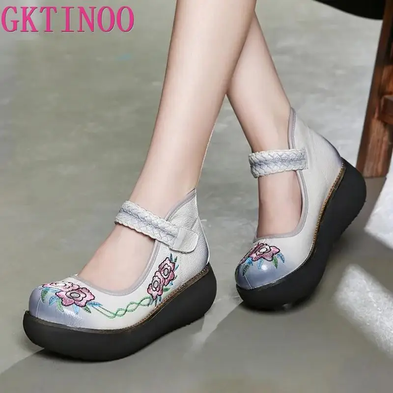 

GKTINOO 2022 Spring Handmade Shoes Platform Wedges Women Pumps Flower Embroider Genuine Leather Women Casual Shoes High Heels