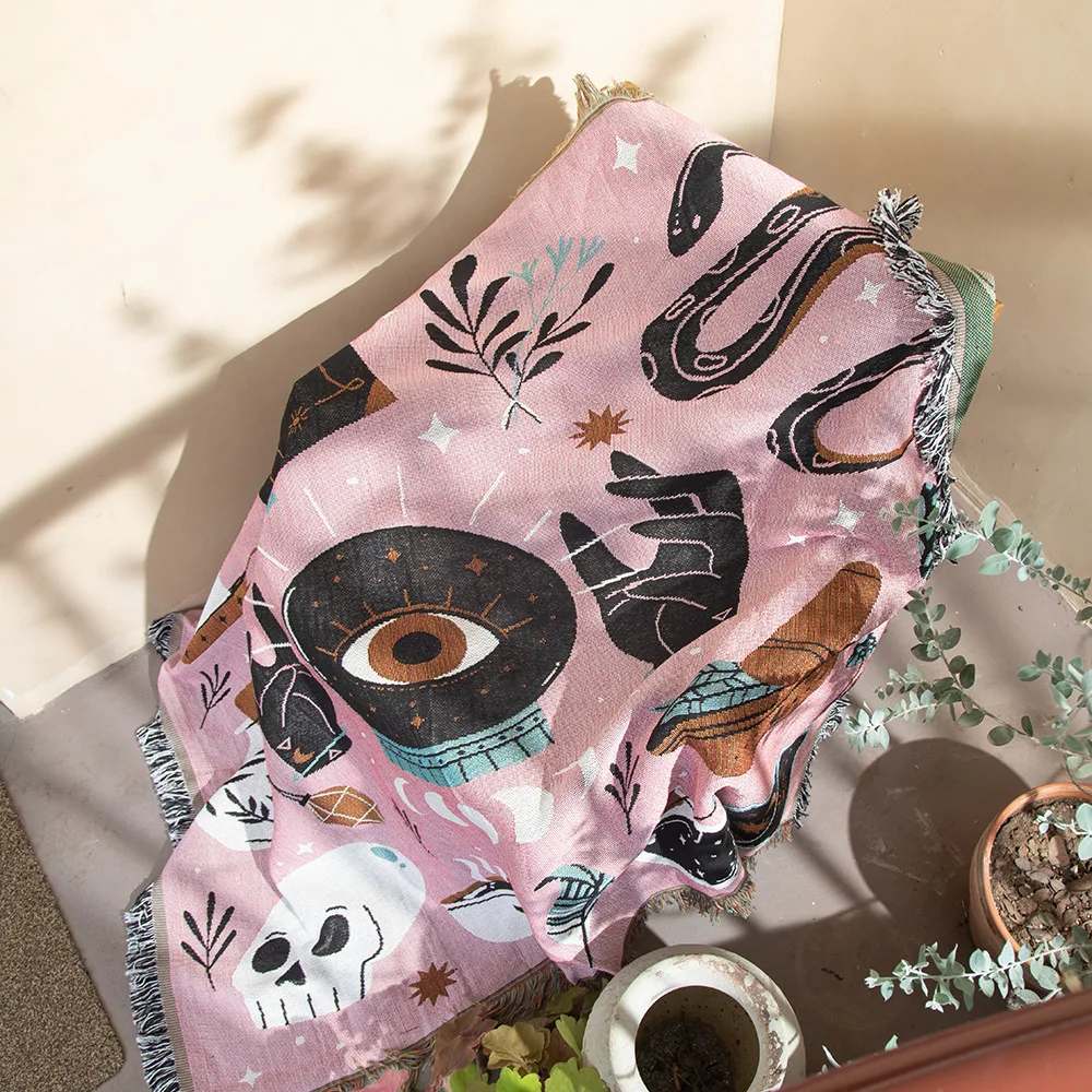

Pink Sofa Throw Blanket Cotton Gauze Boho Eyes Blanket for Travel Picnic High Quality Tassel Design Blankets
