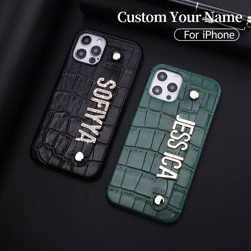 

Custom Name Luxury Crocodile Leather Phone Case For iphone 11 12 13Pro Max Mini 7 8 Plus XR XS Max Diamond Metal Letters Cover