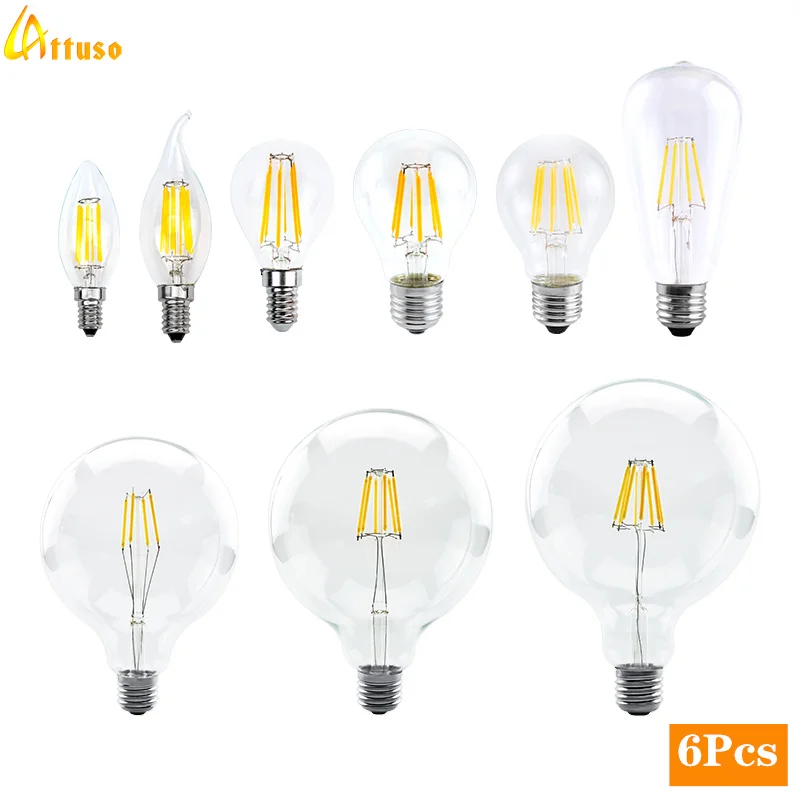 6pcs/lot  LED Filament Bulb E27 E14 Retro Edison Lamp AC 220V 230V 240V C35 G45 A60 ST64 G80 G95 Glass Bulb Vintage Candle Light