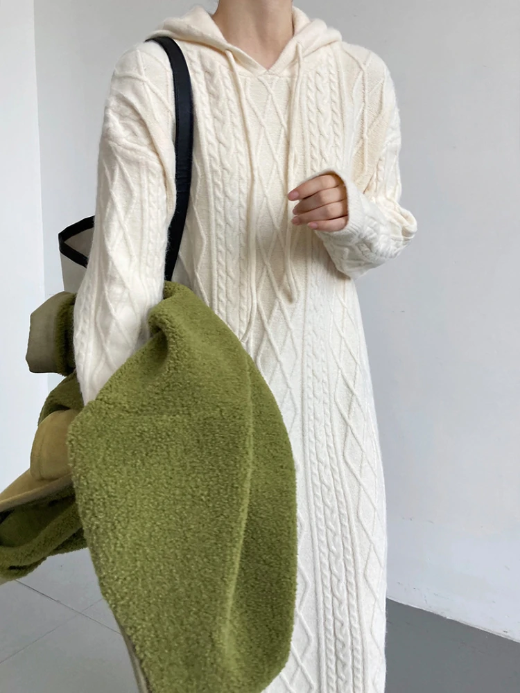 

Mozuleva Fashion Hooded Ladies Knitted Dress Autumn Winter Long Warm Loose Full Sleeve Thick Women Sweater Dress