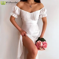 temperament solid color pleated v neck sexy elegant long high waist dress bubble sleeve french gown maxi party club dresses
