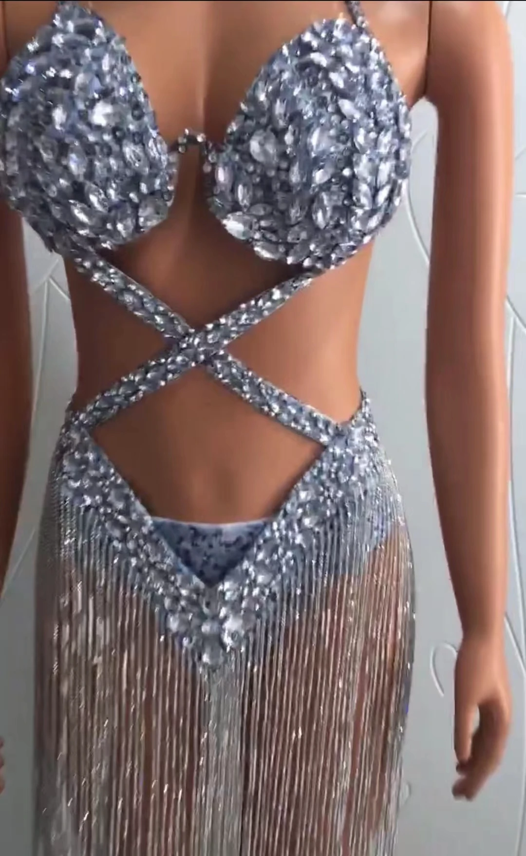 

Women Sexy Luxurious Crystals RhinestonesChains Backless Leotard Skirt Evening PromCelebriate Birthday Outfit Dance Costume