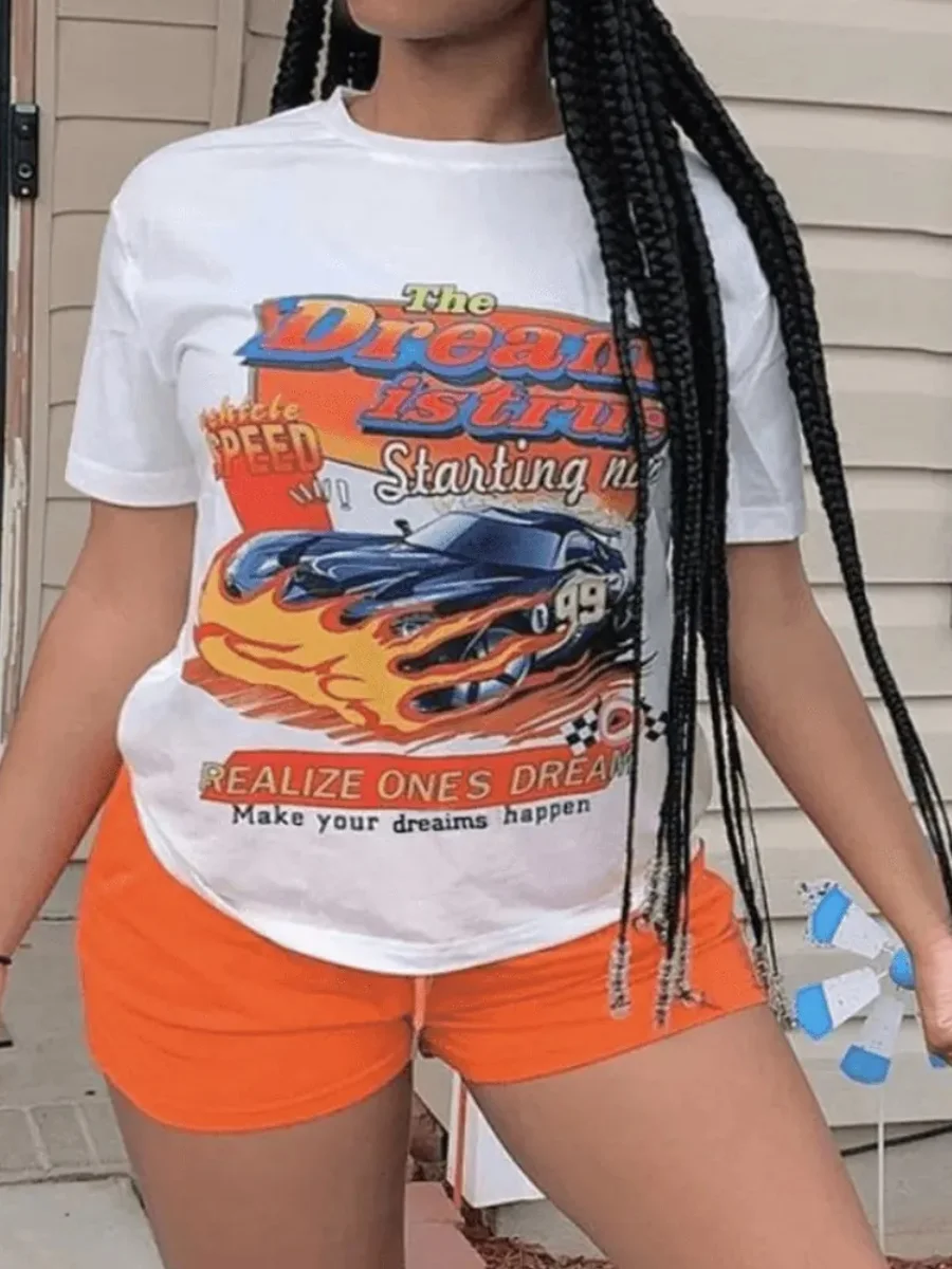 

LW Sports Car Letter Print Shorts Set Women's Leisure Sports 2-Piece Set Summer Loose Short Sleeve Printed T-Shirt + Shorts Set