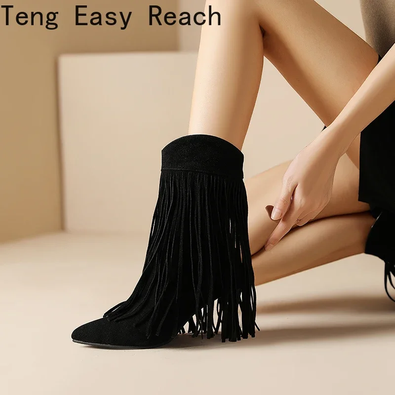 

New Women's Sexy Fringe Ankle Boots 2024 Fashion Frosted Women's Pointy Heel Boots Black Khaki Fall/Winter Sizes 34-46