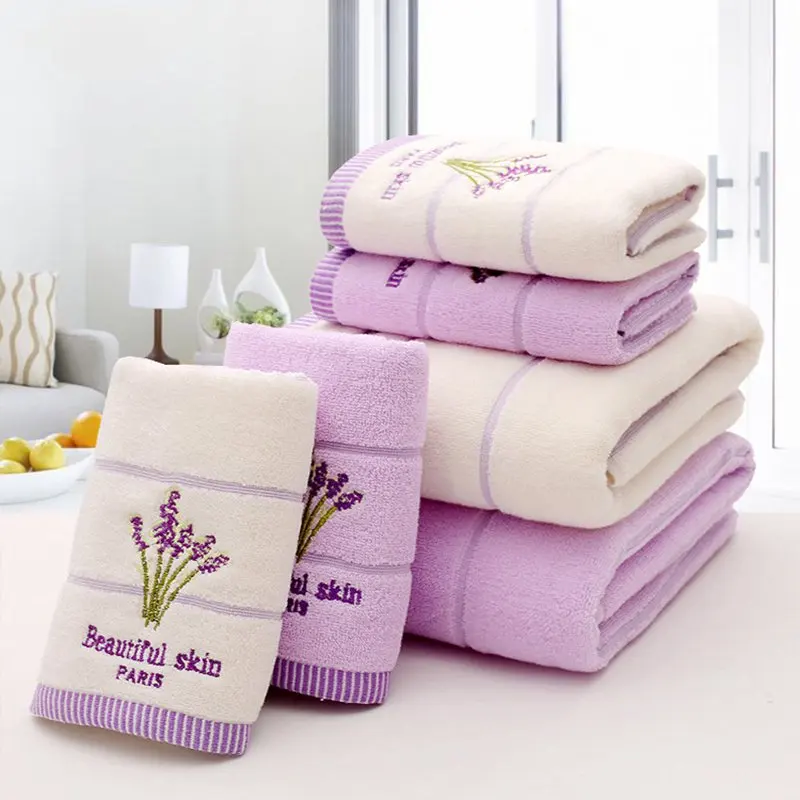 Toallas bordadas de lavanda púrpura para mujer, juego de toallas de algodón de alta calidad para baño grande, suave y absorbente, para playa