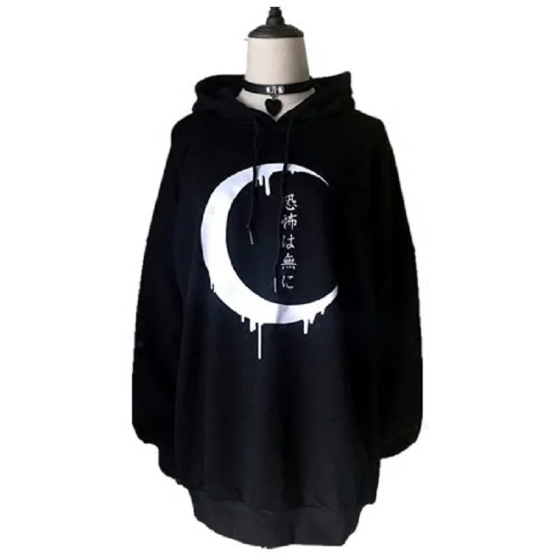 

Gothic Pullovers For Women Moon Pattern Hooded Sweater For Autumn 2022 Fashion Punk Streetwear Tops Black Female Clothing