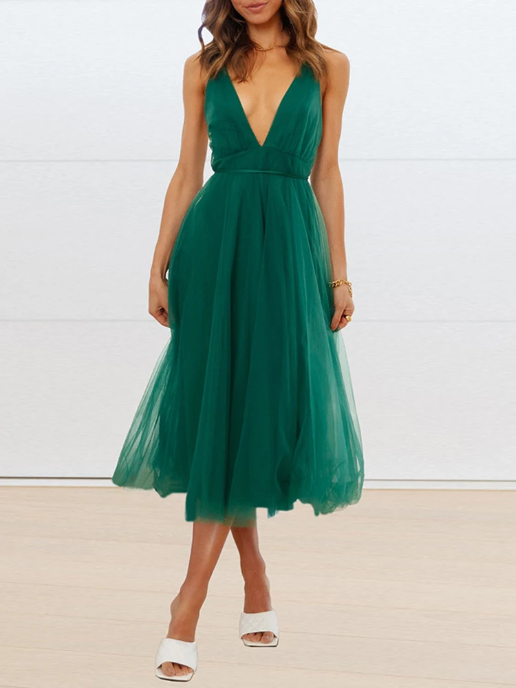 

Женское длинное платье без рукавов, зеленое элегантное вечернее платье-трапеция с открытой спиной и V-образным вырезом на шнуровке, лето 2022