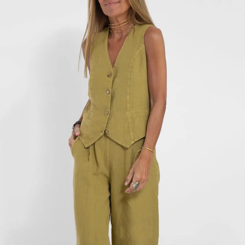

Feminine 2 Piece Suit Stylish Women's Cotton Linen Suit Sleeveless Vest Wide Leg Pants Set for Office or Casual for Women