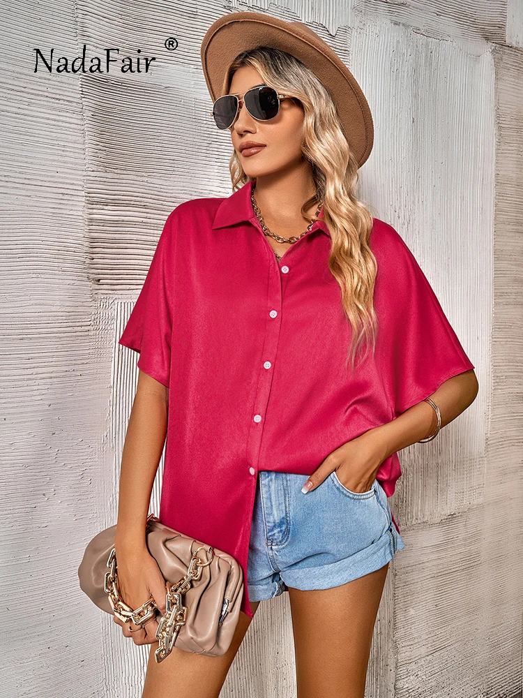 

Nadafair, женские свободные рубашки с коротким рукавом, большие блузки, офисные женские повседневные однотонные летние 2023, отложной воротник, б...