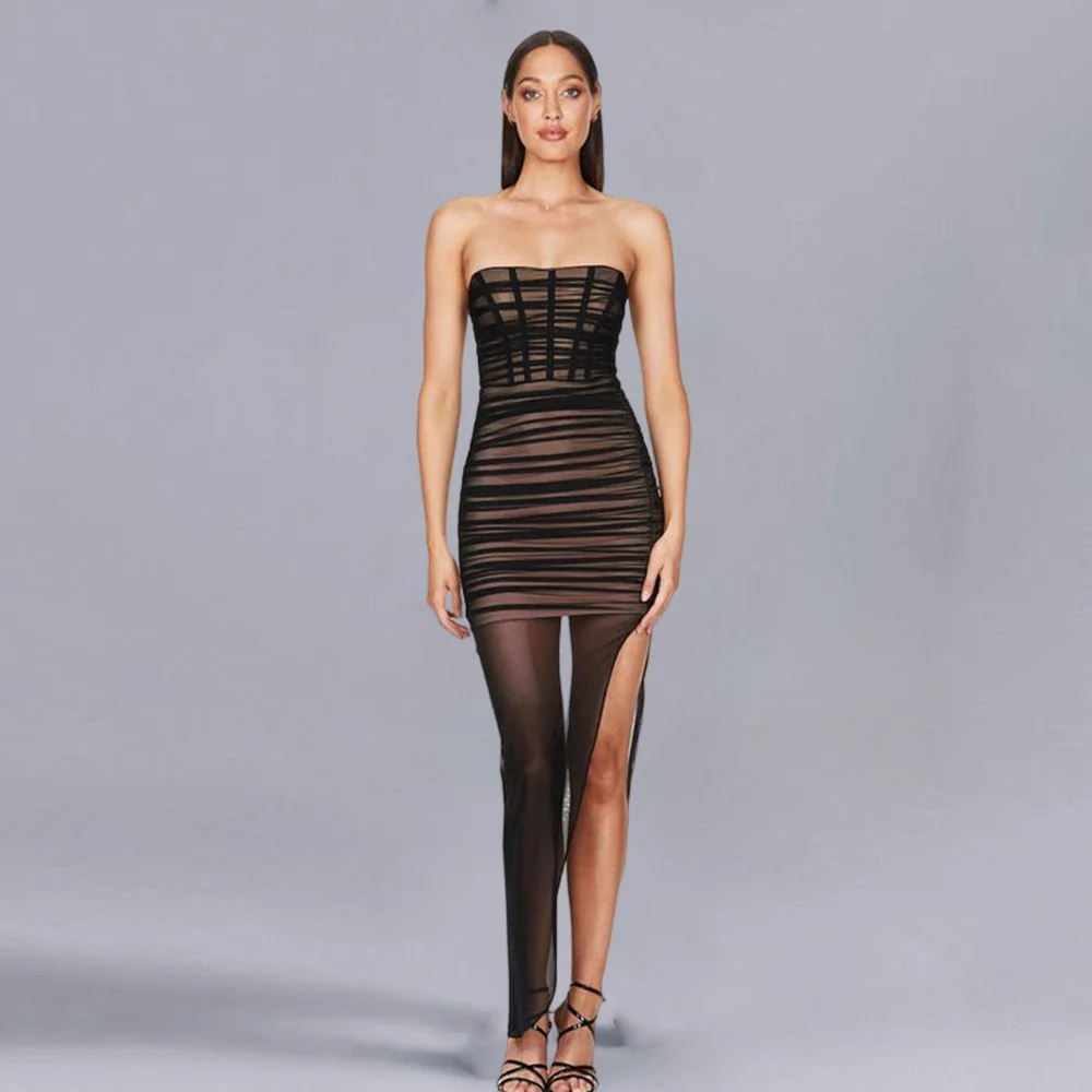 

European and American women's sexy mesh perspective elastic hip wrap skirt new high-end temperament strapless dress long skirt