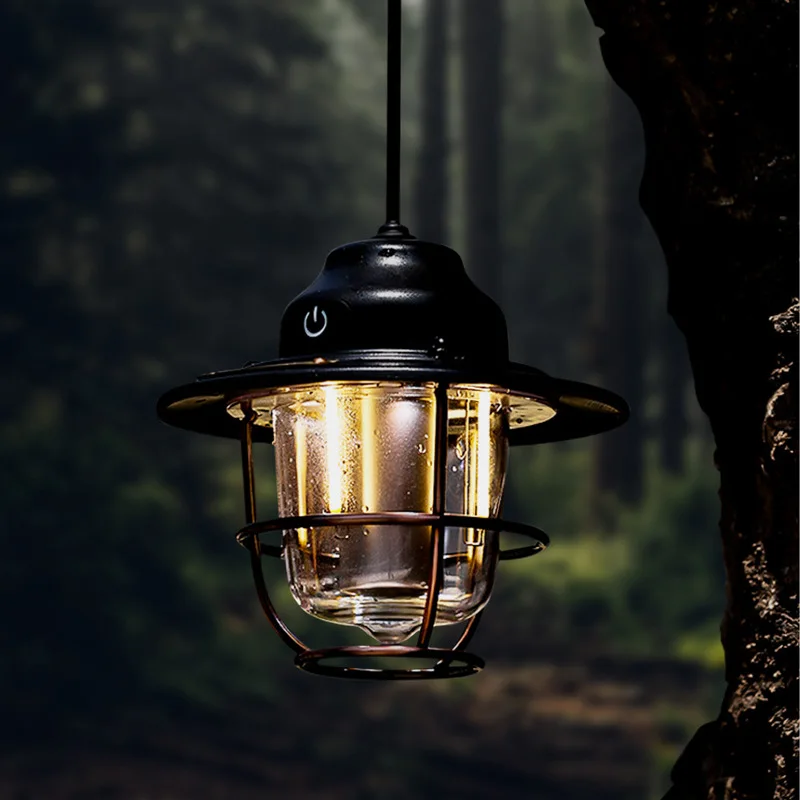 LED Camping Light Rechargeable Retro Hanging Tent Light Waterproof Dimmable 2000mAh Battery Outdoor Emergency Lantern