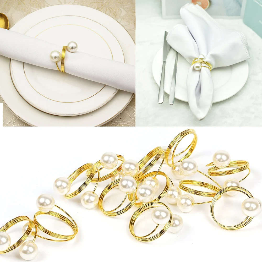 6/10pcs Gold Silver Napkin Rings Metal Pearl Bow Buckles Napkin Holder For Christmas Decoration Wedding Banquet Table Decoration