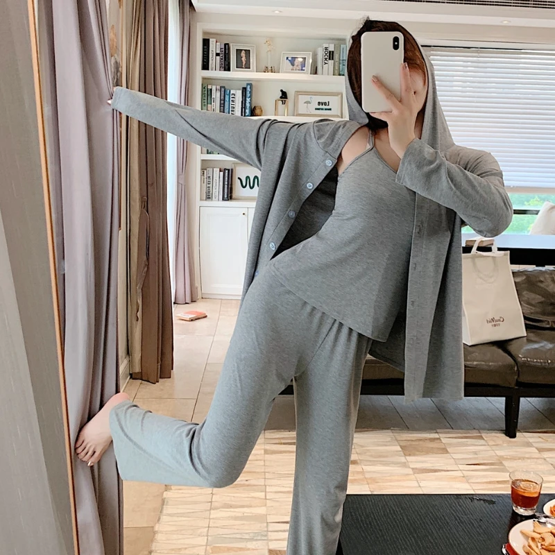 Women Pajamas Three Piece Set Camisole Cardigan Spring New 2022 Solid Simple Homewear Comfortable Casual Sleepwear Suit