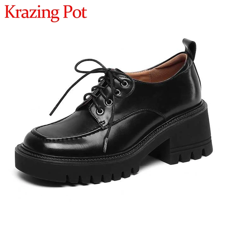 

Krazing pot genuine leather round toe high heels classic colors British style young lady streetwear lace up cozy women pumps L10