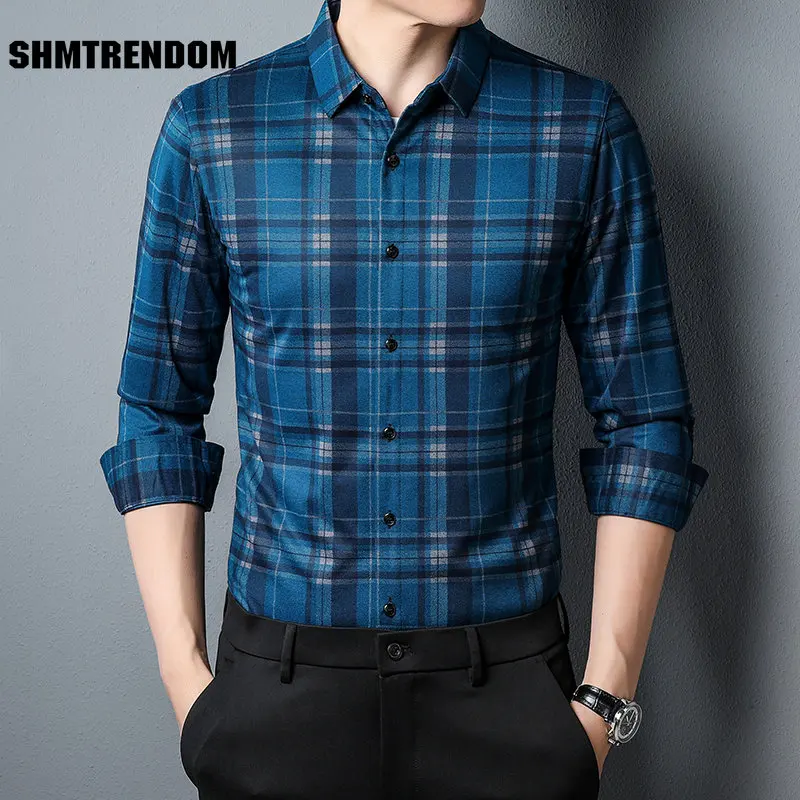 

SHMTRENDOM Brand Casual Plaid Shirts Men Spring Autumn Long Sleeve Camisa Masculina Slim Fit Male Clothing C924