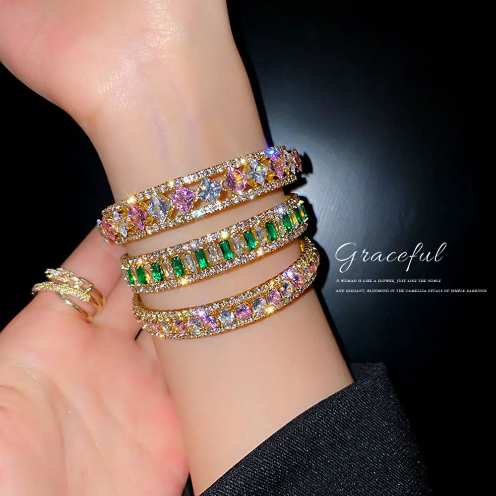 

2023 Luxury Top Grade Green Pink Crystal Open Bangles for Women Lady Trendy Chic Daily Party Bracelet Y2K Kpop Punk Jewelry Gift