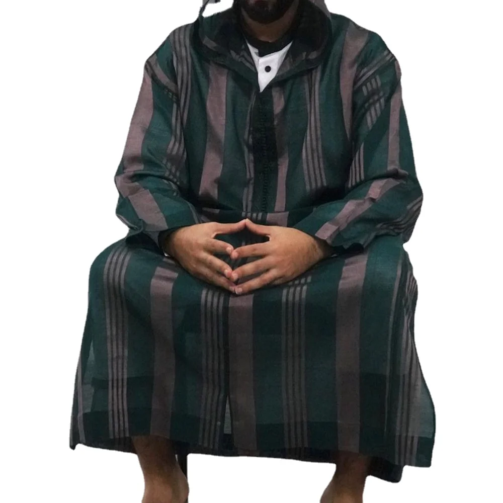 New Muslim Mens Robe Islam Abaya Arabic Striped Hoodie Ensembles Musulmans Colorblock Robe Homme Musulman Arabe Djellaba Homme