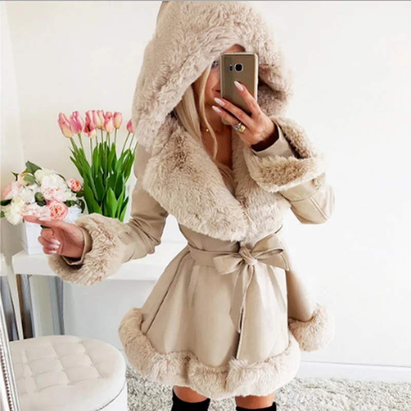 Pure Color Fashion Self-cultivation PU Fur Stitching Jacket Ladies Elegant Faux Fur Winter Warmth Ruffled Waist Hooded Jacket