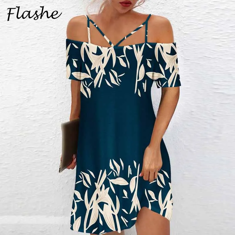 

Women Summer Elegant Short Sleeve Dress Boho Off Shoulder Mini Dress Women Vintage Print Casual Vestidos Loose Sundress 2022