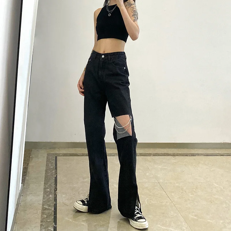 Women's Straight Jeans Spring Summer Autumn 2022 High Waist Ripped Pants Loose Full-Length Black Gray New Thin Denim Trousers