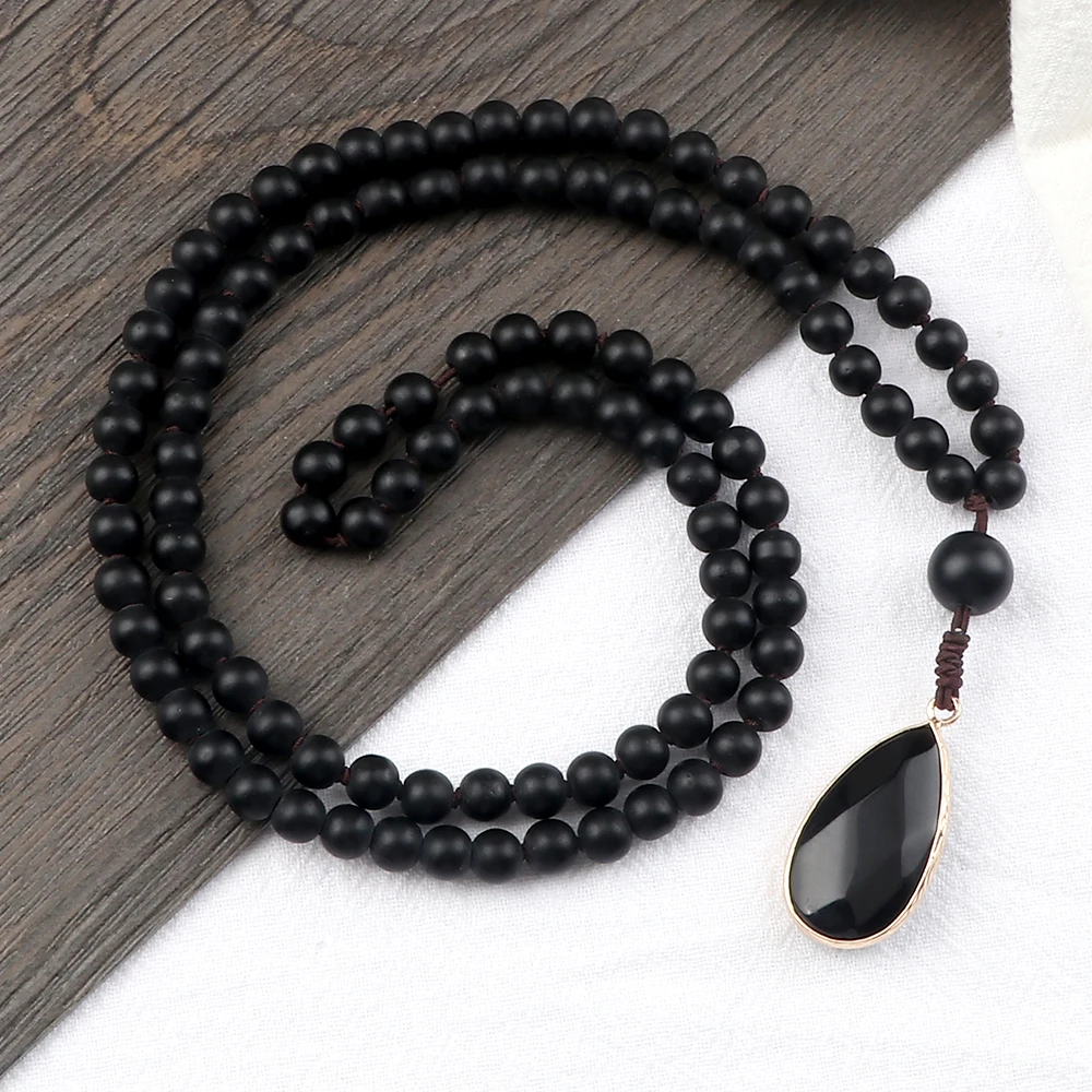 Ожерелье из матового и блестящего черного оникса 6 мм Винтажные бусины 108 мала