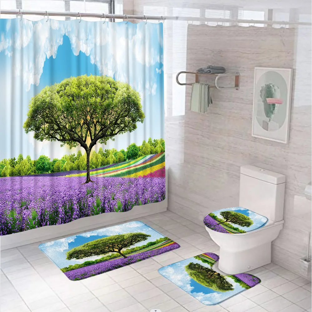 

Lavender Floral Field Tree Shower Curtain Set For Bathroom Decor Rural Scenery Blue Sky 3D Bath Mat Carpet Rug Lid Toilet Cover