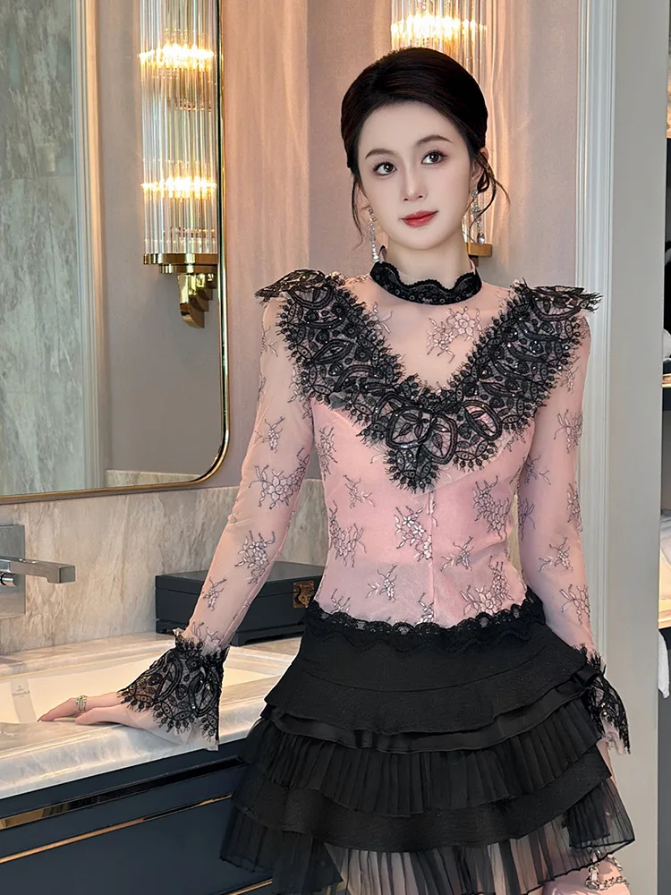 Сексуальная кружевная рубашка весна 2024 3D Gouhua микропрозрачная облегающая для