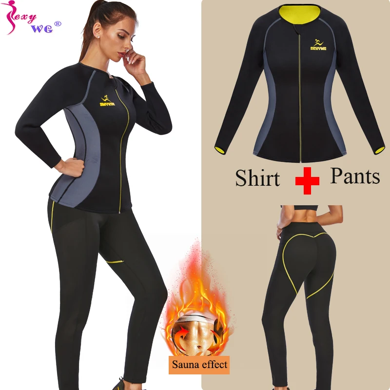 

NINGMI Neoprene Sauna Shapewear Set Women Fat Burning Sauna Shirt High Waist Slimming Pants Waist Trainer Leggings Sauna Suit