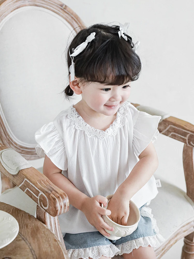 

Girls Summer Solid Color Shirt 2022 New Lace Single-Breasted Top Baby Simple Short-Sleeved Tide