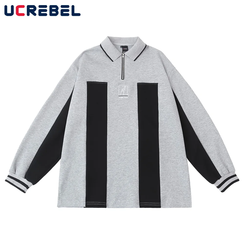 

Рубашка-поло мужская с контрастными панелями, уличная одежда, ретро Свободный Топ с отложным воротником и длинными рукавами, с вышивкой над...