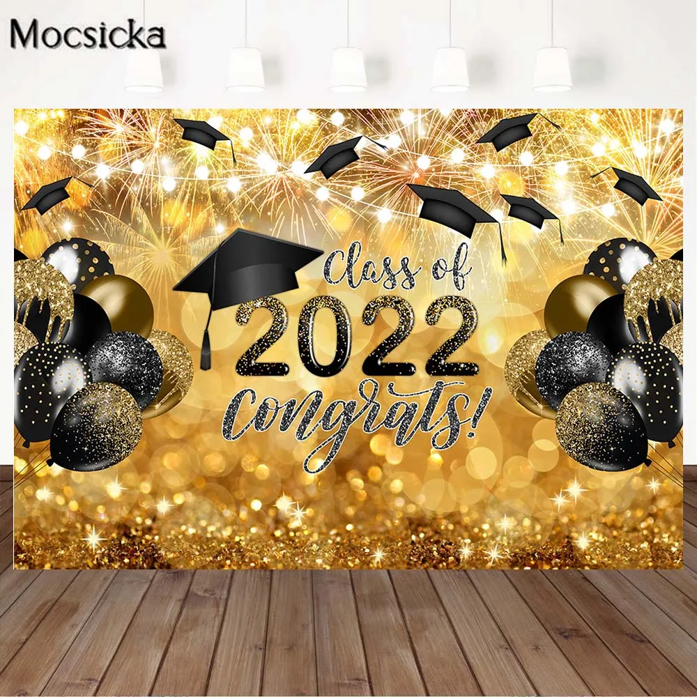 

Mocsicka Bokeh Gold Firework Graduation Cap Photography Backdrops 2022 High School Graduate Party Photo Background Black Balloon