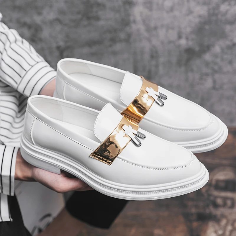 

Men White Leather Shoes Slip On Fashion Male Formal Loafers Shoes Platform Increase Metal Casual Shoes For Man Mocassin Homme