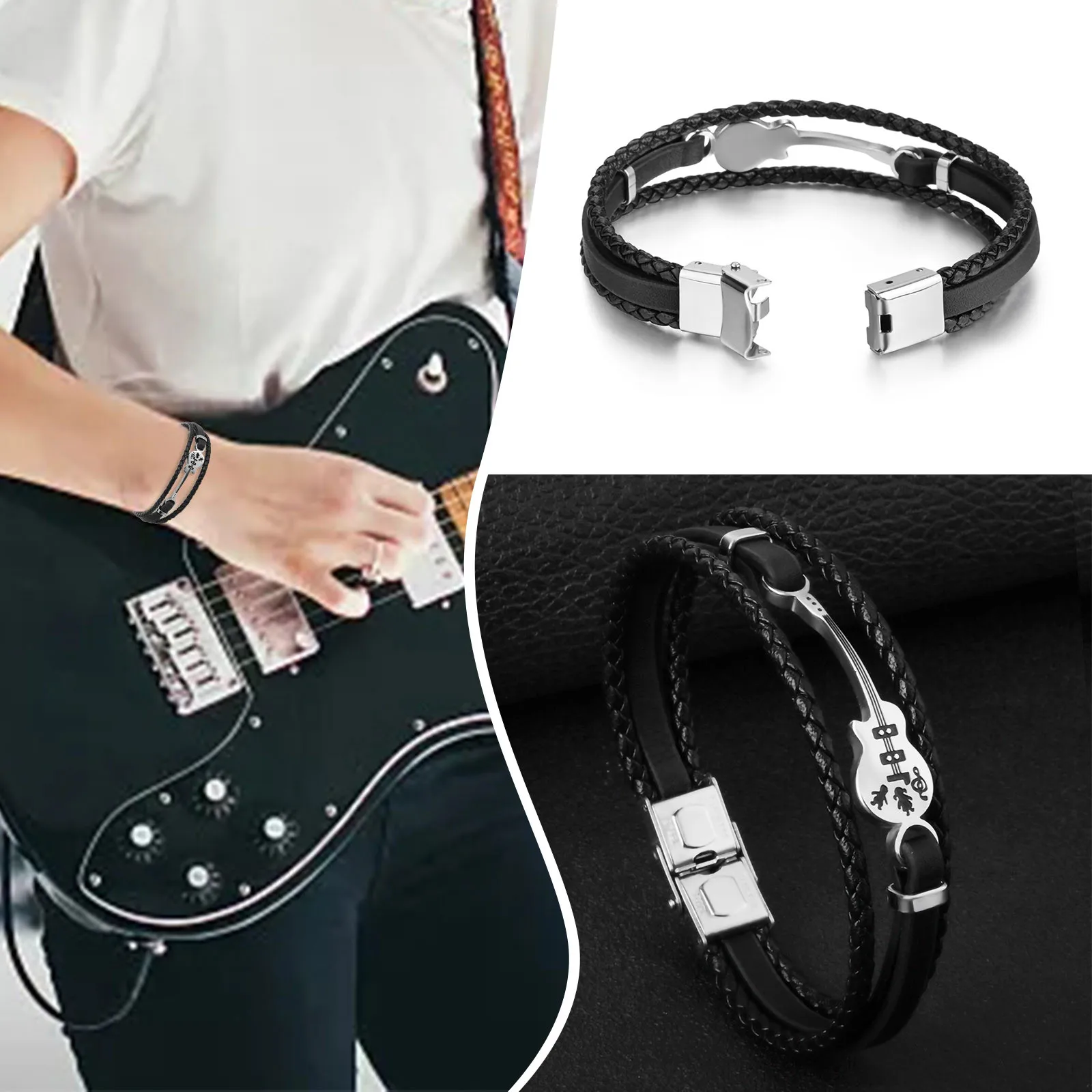 Mens Leather Bracelet Braided Wristband Cuff Music Treble Rope Valentines Punk Gift For Him