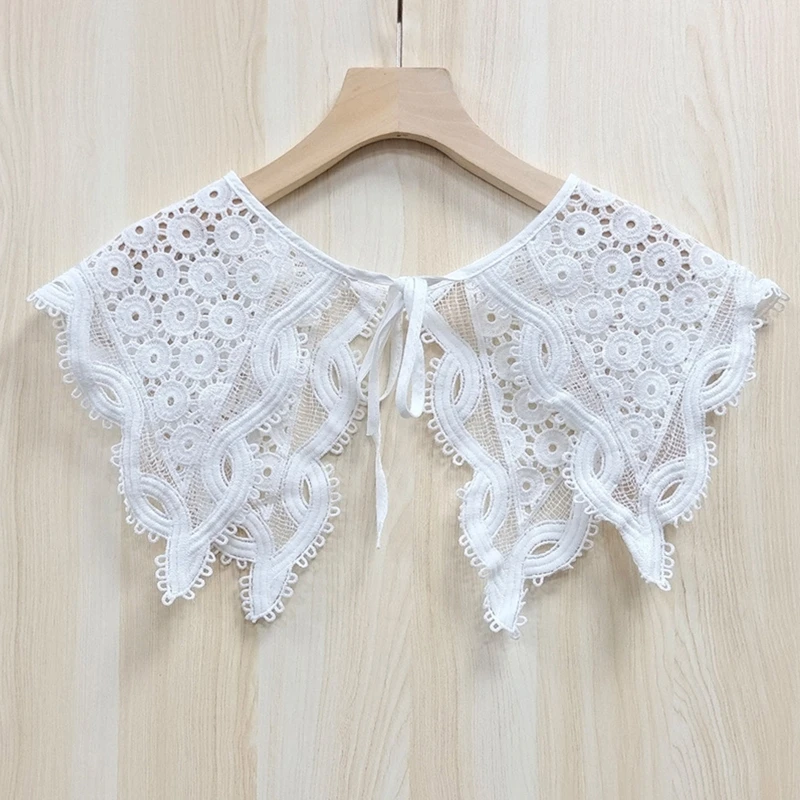 

Women Lace Fake Collar Shawl Embroidery Circle Pattern Wavy Trim Scarf Capelet